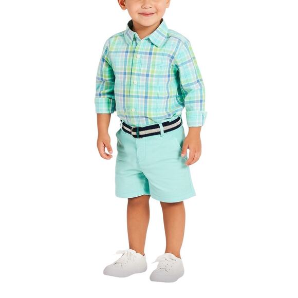 The Childrens Place Toddler Boys Shirt and Belted Chino Shorts Set Aqua 3T NEW - Picture 1 of 13